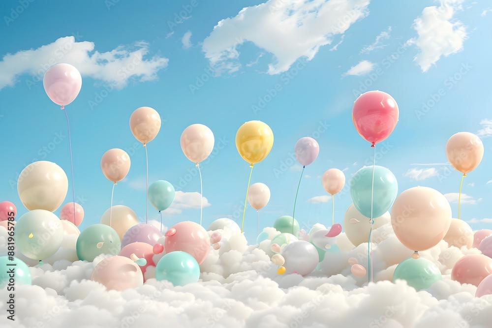 Colorful balloons floating among clouds in a bright blue sky, creating a whimsical atmosphere. Colorful balloons floating among clouds in a bright blue sky, creating a whimsical atmosphere.