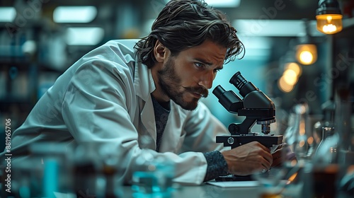 Scientist Looking Through Microscope Laboratory