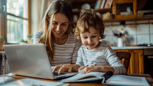 Mother working remotely and helping her son doing his homework at the same time