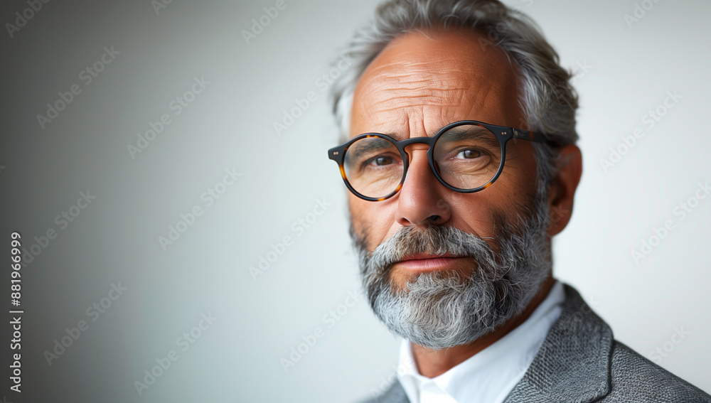 Photo of pensive middle-aged man wearing a gray suit, adjusting his glasses Photo of pensive middle-aged man wearing a gray suit, adjusting his glasses