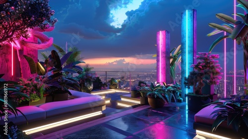 Futuristic rooftop garden with neon lights in the background
