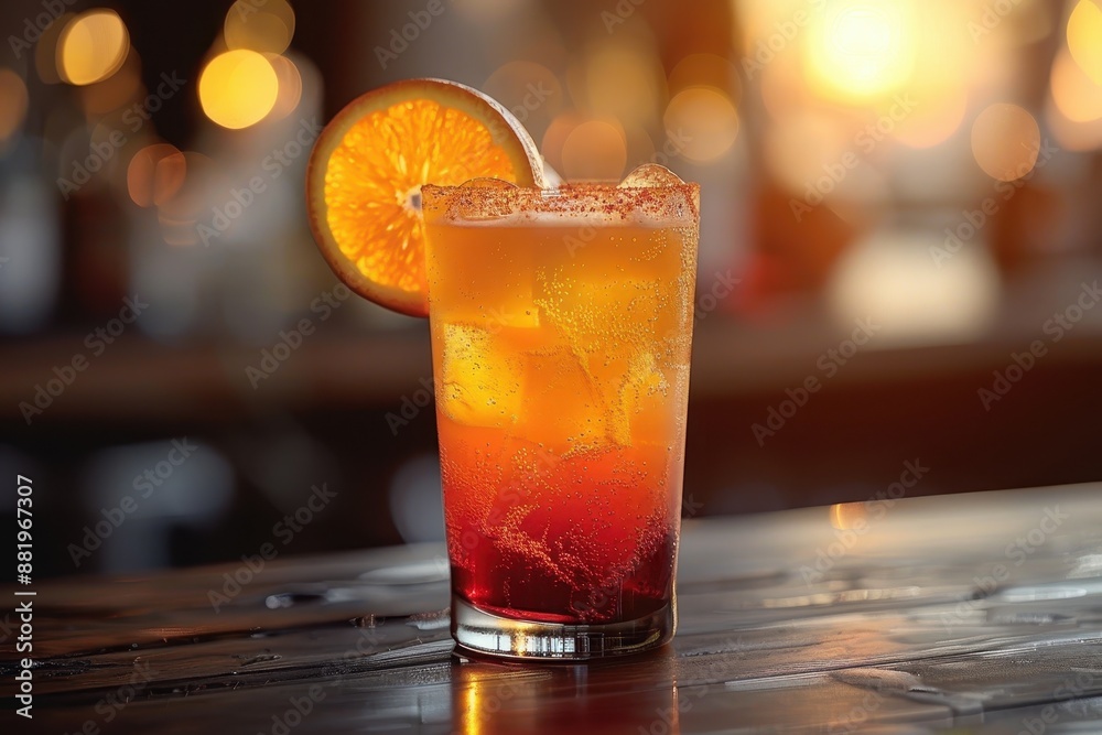 A tequila sunrise cocktail in a tall glass, with grenadine creating a gradient effect, topped with an orange slice. A tequila sunrise cocktail in a tall glass, with grenadine creating a gradient effect, topped with an orange slice.