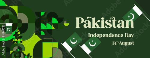Pakistan Independence Day banner in modern geometric style. Wide banner with typography and also country flag. Background for National holiday celebration party. Happy Independence Day of Pakistan