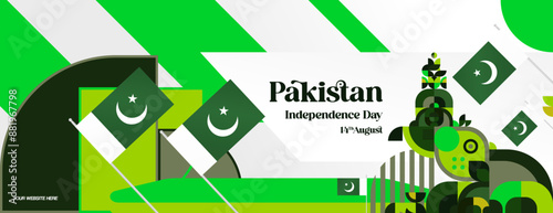 Pakistan Independence Day banner in modern geometric style. Wide banner with typography and also country flag. Background for National holiday celebration party. Happy Independence Day of Pakistan
