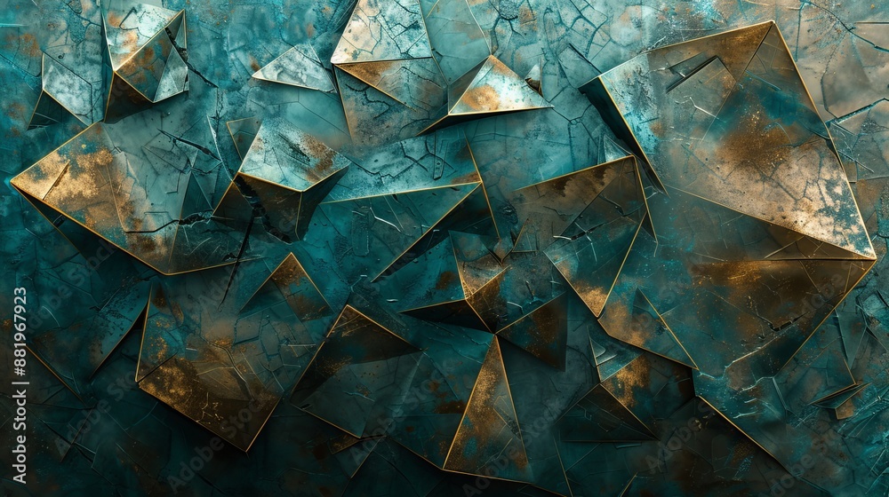 Abstract Rustic Futurism Wallpaper - Geometric Turquoise and Bronze Design, Generative AI Art
