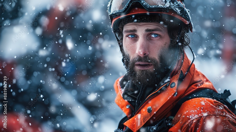 Rescuer in orange gear in snowy environment during emergency operation Rescuer in orange gear in snowy environment during emergency operation