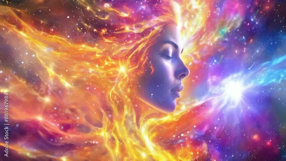 woman spirit on galaxy space background, colorful energy flow, 4k new quality colorful stock video footage wallpaper AI