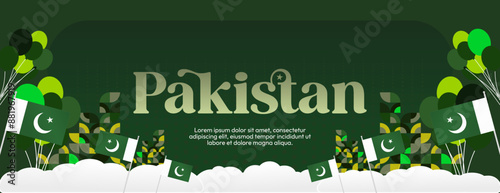 Pakistan Independence Day banner in modern geometric style. Wide banner with typography and also country flag. Background for National holiday celebration party. Happy Independence Day of Pakistan