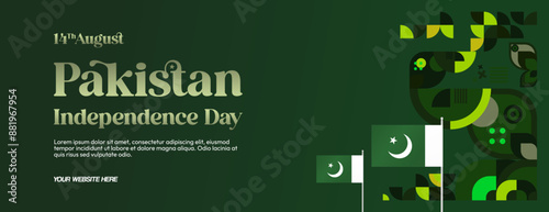 Pakistan Independence Day banner in modern geometric style. Wide banner with typography and also country flag. Background for National holiday celebration party. Happy Independence Day of Pakistan