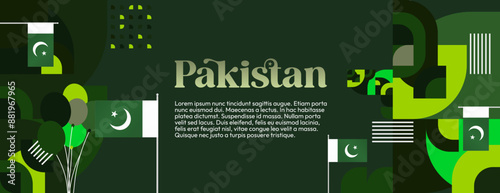 Pakistan Independence Day banner in modern geometric style. Wide banner with typography and also country flag. Background for National holiday celebration party. Happy Independence Day of Pakistan