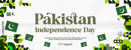 Pakistan Independence Day banner in modern geometric style. Wide banner with typography and also country flag. Background for National holiday celebration party. Happy Independence Day of Pakistan