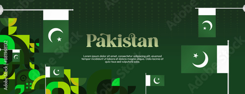 Pakistan Independence Day banner in modern geometric style. Wide banner with typography and also country flag. Background for National holiday celebration party. Happy Independence Day of Pakistan