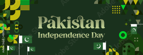 Pakistan Independence Day banner in modern geometric style. Wide banner with typography and also country flag. Background for National holiday celebration party. Happy Independence Day of Pakistan