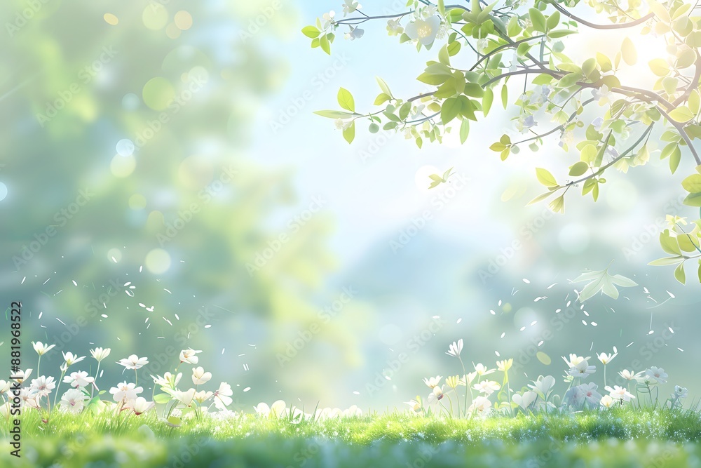 Sunlit spring meadow with blooming flowers and fresh green leaves under a bright blue sky. Sunlit spring meadow with blooming flowers and fresh green leaves under a bright blue sky.