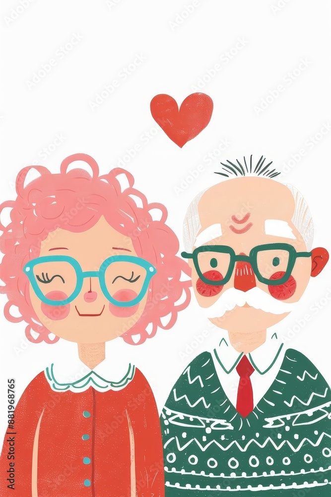 Cute Elderly Couple Illustration with Heart in Red and Teal Colors Cute Elderly Couple Illustration with Heart in Red and Teal Colors