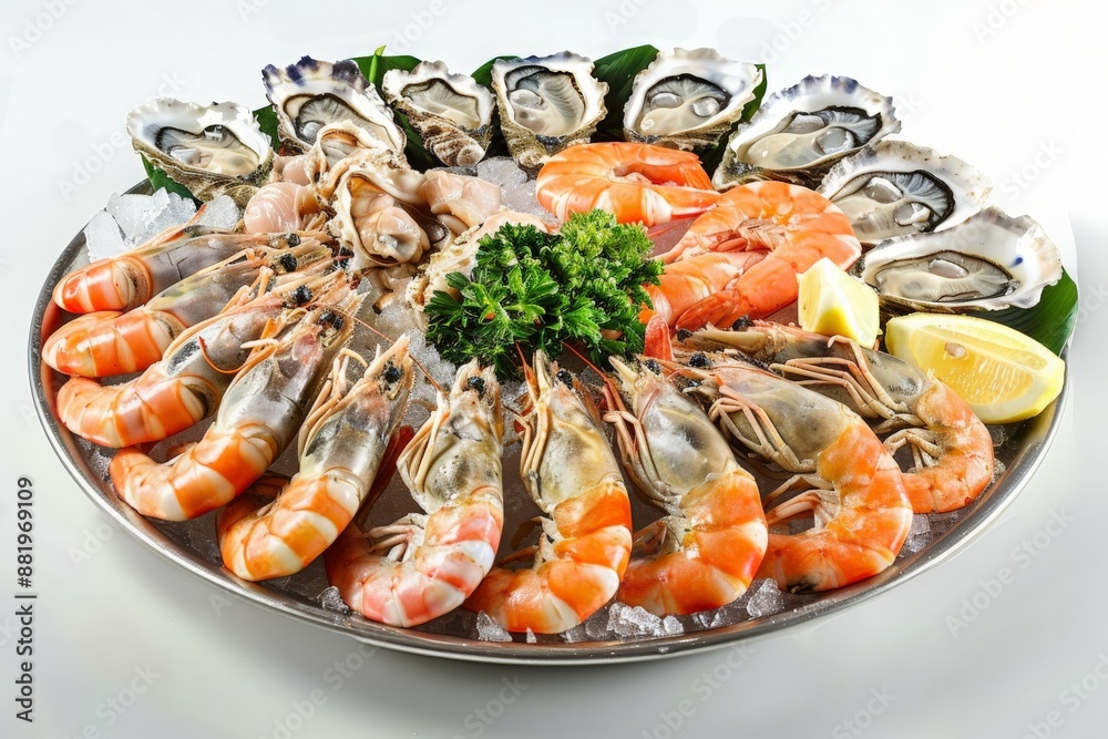 Detailed shot of a seafood platter with fresh oysters and shrimp, against a simple background to showcase the culinary freshness and presentation Detailed shot of a seafood platter with fresh oysters and shrimp, against a simple background to showcase the culinary freshness and presentation