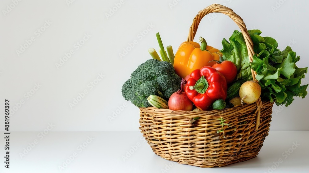A basket containing various vegetables with space for text A basket containing various vegetables with space for text