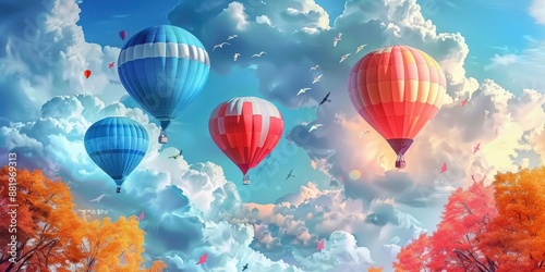 Hot Air Balloons Soaring Through Colorful Sky