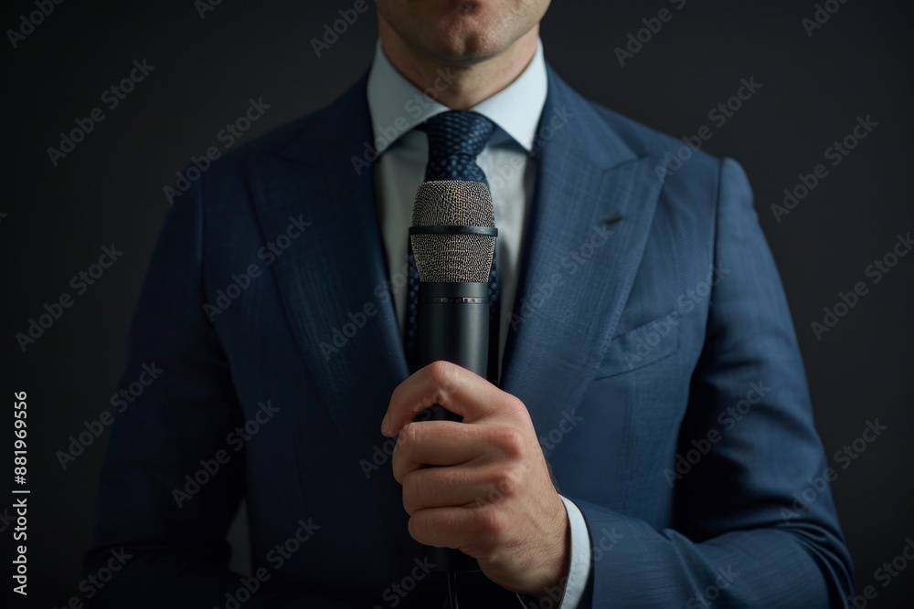 A well-dressed journalist holds a microphone, ready to deliver the latest news. The background is a blurred studio setting with hints of cameras and lights. A well-dressed journalist holds a microphone, ready to deliver the latest news. The background is a blurred studio setting with hints of cameras and lights.
