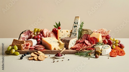 High-resolution image of a charcuterie board with assorted meats and cheeses, set against a neutral backdrop to emphasize the culinary variety and presentation 