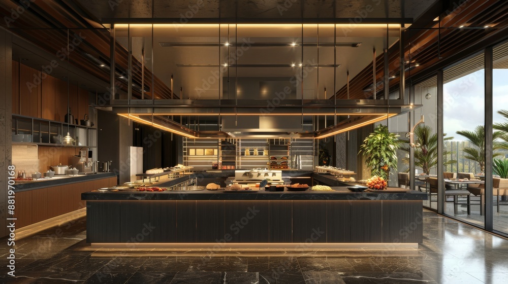 Modern Restaurant Interior with Sleek Bar and City View Modern Restaurant Interior with Sleek Bar and City View