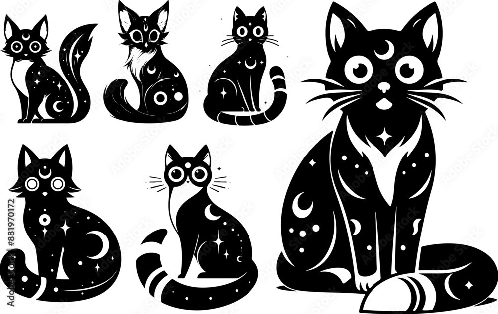 Fototapeta premium A set of kitten silhouettes. Moonlit kittens. Stylized kittens. Cute kittens 