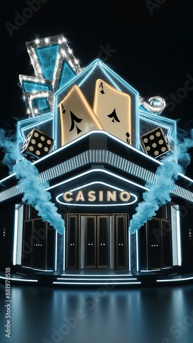 Striking, neon-lit casino entrance with a bold, geometric architectural design.