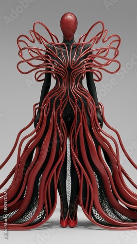 Surreal, sculptural illustration depicting an abstract, biomechanical entity with organic, tentacle-like appendages