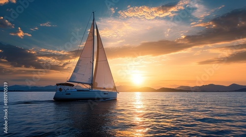 Sailing yacht on the ocean at sunset. Sailboat in the sea. Sunset. Aerial view of sailing luxury yacht at open sea at sunset.