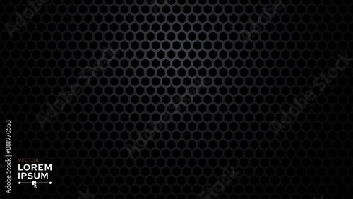 Black Metal Hexagon Grid Steel Background. Hexagonal Holes Perforated Sheet Metal or Carbon Fiber Texture. New Strong Nanomaterial Technology Abstract Vector Illustration.