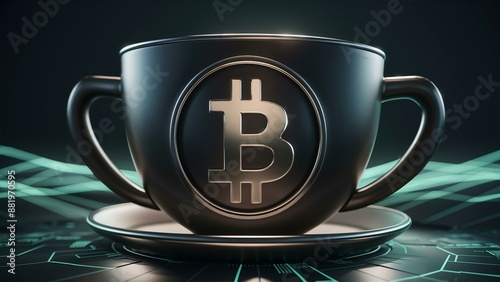 Conceptual image of a Bitcoin logo displayed on a futuristic, illuminated trophy cup.