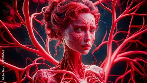 Surreal, red-tinted portrait of a woman with glowing, ethereal veins