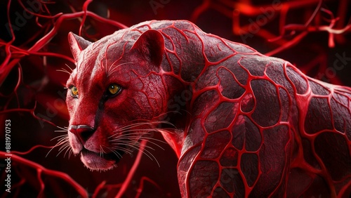 Fierce, fiery-red depiction of a panther emerging from a plasma-like background.
