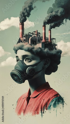 Surreal, digital illustration depicting environmental pollution and its impact on humanity.