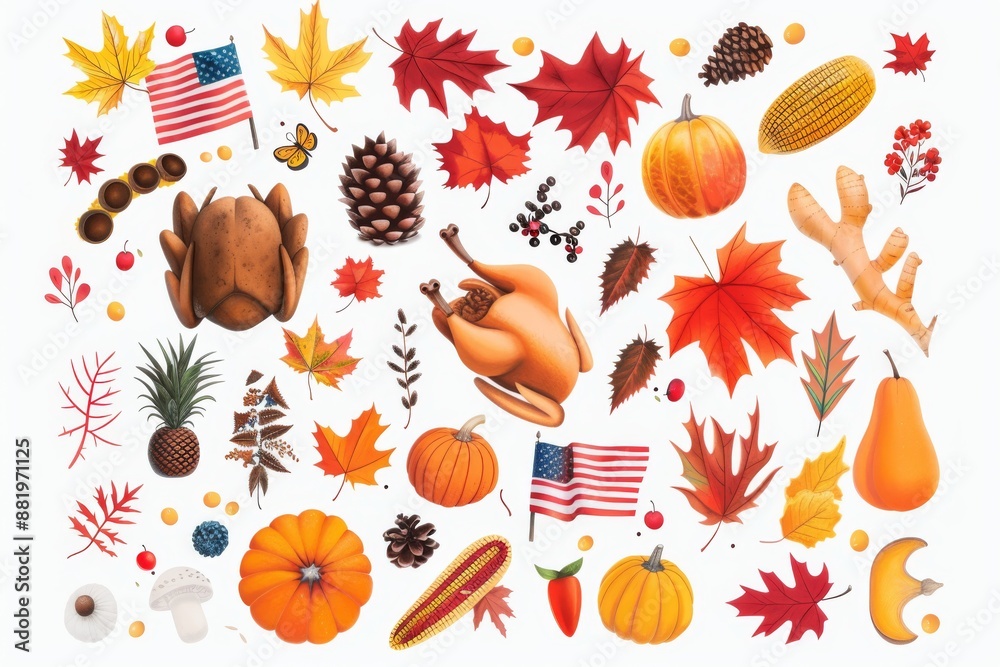 A serene autumn scene with Thanksgiving Day text, American flags, and symbolic elements. Perfect for the holiday season.