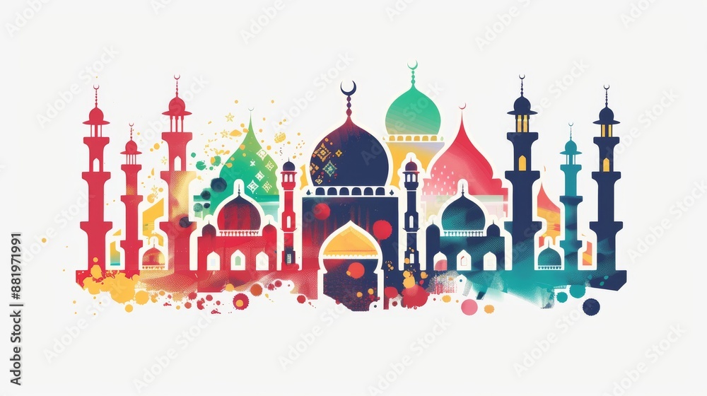 Colorful Mosque Silhouette with Abstract Paint Splashes Colorful Mosque Silhouette with Abstract Paint Splashes