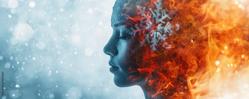 Conceptual image of a person's profile blending with elements of fire and ice, symbolizing duality, balance, and internal conflict. Conceptual image of a person's profile blending with elements of fire and ice, symbolizing duality, balance, and internal conflict.