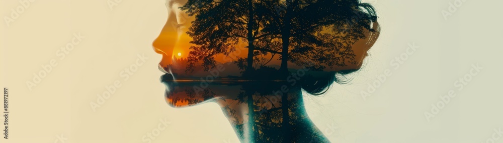 Double exposure imagery featuring a woman's silhouette blended with a serene sunset landscape, highlighting nature and human connection. Double exposure imagery featuring a woman's silhouette blended with a serene sunset landscape, highlighting nature and human connection.