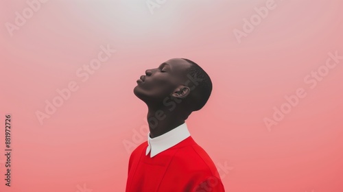 Elegant Profile Portrait of an African Man in Red and White Against a Soft Pink Background