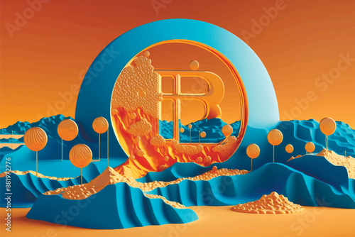 3d Futuristic vector background with Bitcoin logo in bright orange and blue colors landscape. Modern design with bitcoin insided in circle, surrounded by stylized trees and mountains. Surface texture.