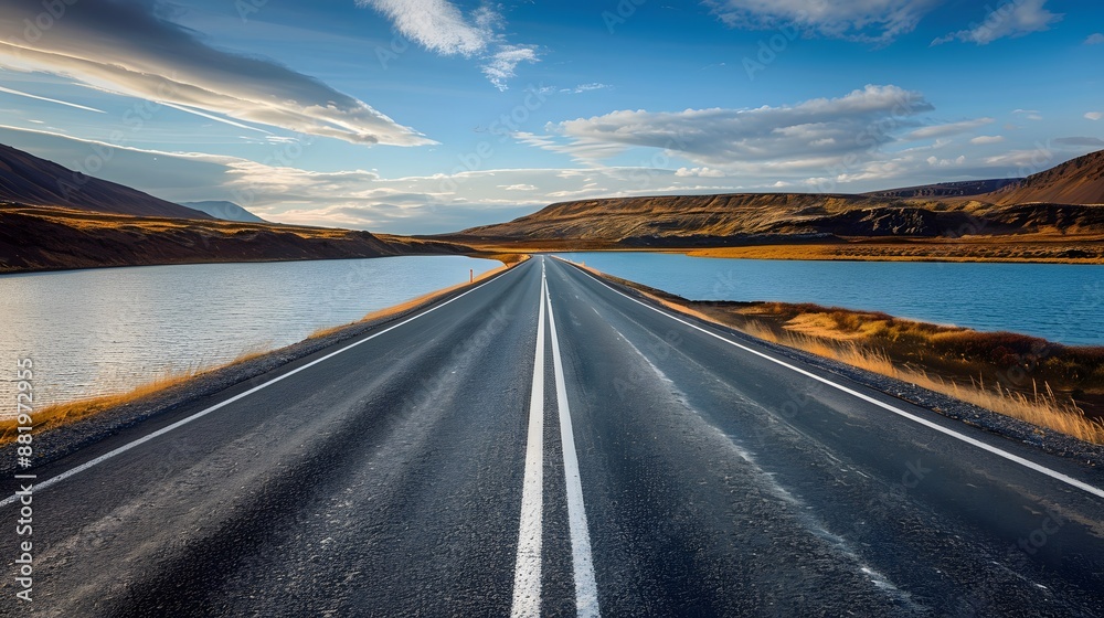 Naklejka premium Diminishing perspective of asphalt empty roadway with road markings passing through scenic lake against sky in iceland.