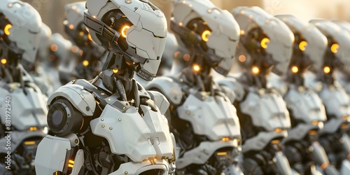 Futuristic cyborg army ushers in intelligent warfare with humanlike robots and droids. Concept Futuristic Technology, Cyborg Army, Intelligent Warfare, Humanlike Robots, Droids