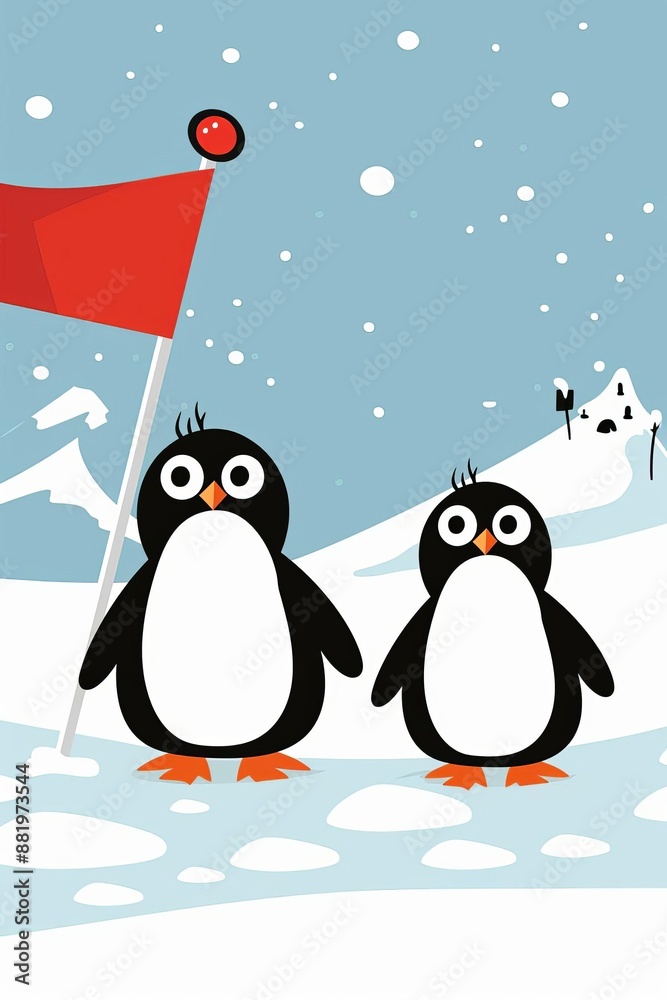 Cute Penguins in Snowy Landscape with Red Flag Cute Penguins in Snowy Landscape with Red Flag