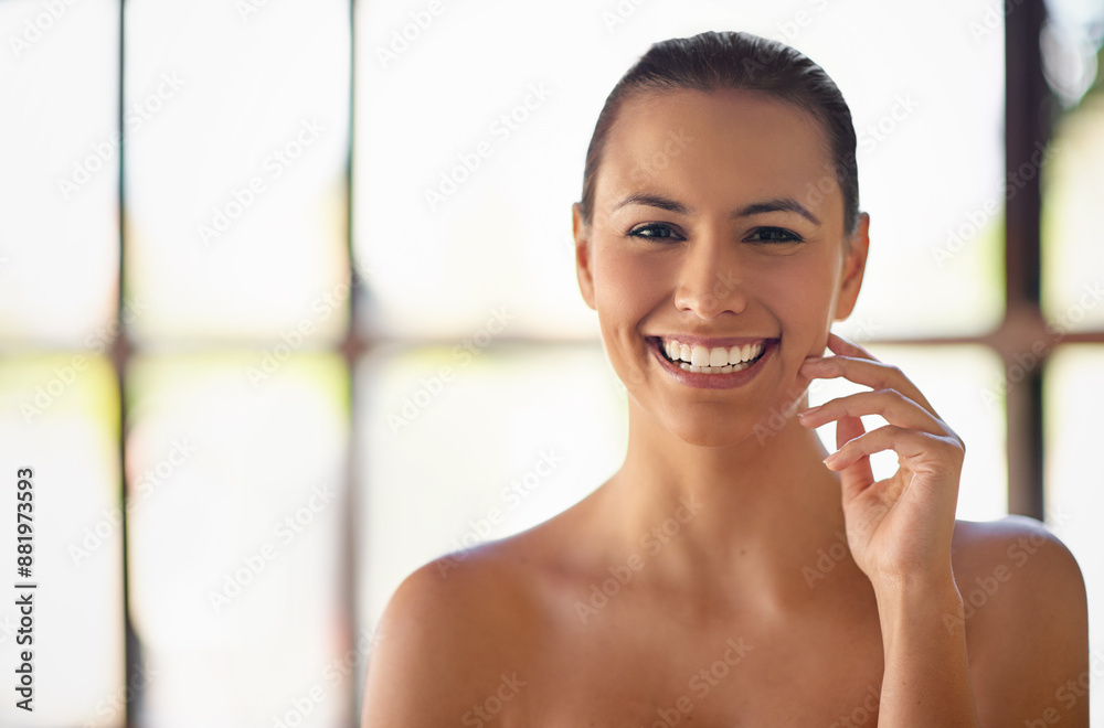 Woman, portrait and face with cosmetics at beauty spa with results, touch and smile on holiday vacation. Person, happy and relax at luxury wellness resort, skincare and hotel by window in Greece Woman, portrait and face with cosmetics at beauty spa with results, touch and smile on holiday vacation. Person, happy and relax at luxury wellness resort, skincare and hotel by window in Greece