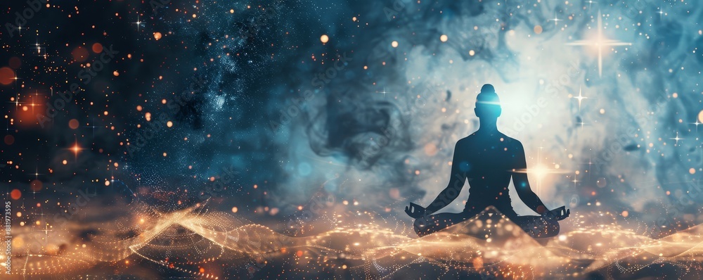Silhouette of a person meditating in space with stars and cosmic energy, symbolizing inner peace, spirituality, and cosmic connection. Silhouette of a person meditating in space with stars and cosmic energy, symbolizing inner peace, spirituality, and cosmic connection.