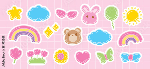 cute girly hand drawn kawaii graphic element with white outline vector set