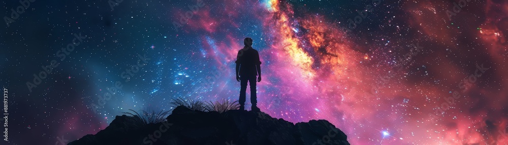 Silhouette of a person standing on a hill, gazing into a vibrant, starry sky with colorful nebula clouds. Concept of exploration and wonder. Silhouette of a person standing on a hill, gazing into a vibrant, starry sky with colorful nebula clouds. Concept of exploration and wonder.