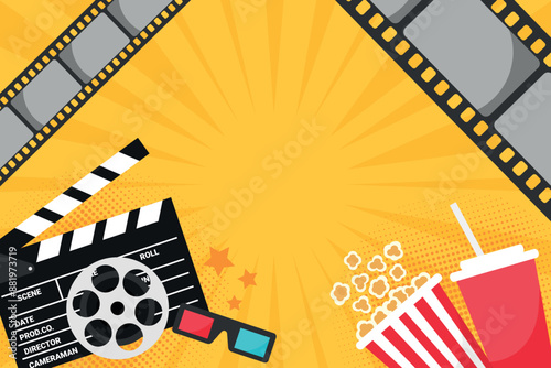 Cinema movie banner with pop art style elements. Popcorn bucket, cold drink soda with straw, clapper board, film reel and 3d glasses. Movie film premiere template