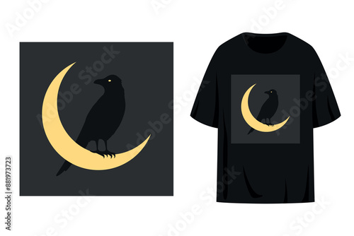 T shirt print design with black crow sitting on a crescent. Raven on crescent emblem logo. Vector illustration