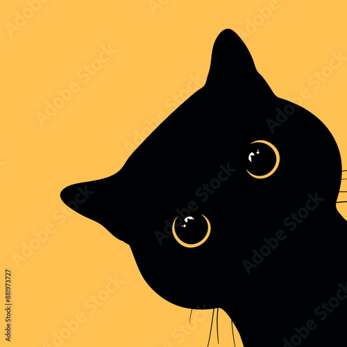 Peeking black cat with big yellow eyes on yellow background. Curious cat is looking out of the corner. Cute black cat face. Vector illustration